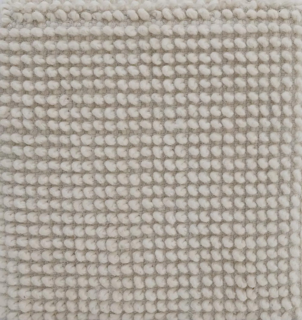 Close-up of the RAMSHA HOME Handwoven White Macrame Pouf with Bean Bag Insert PF 162, featuring a plush, textured grid pattern in off-white and light beige—ideal as a tactile floor cushion or decorative accent.
