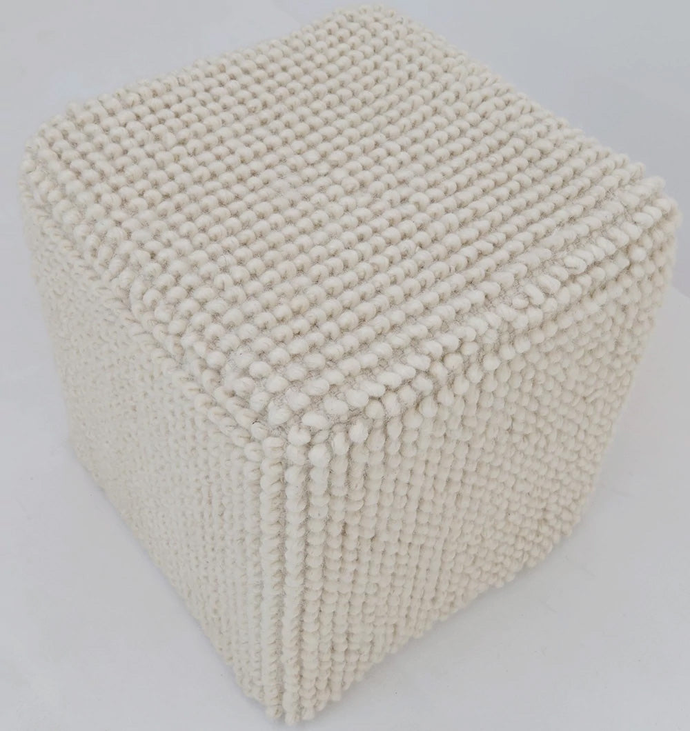 The RAMSHA HOME Handwoven White Macrame Pouf with Bean Bag Insert PF 162 features a textured, cube-shaped design—perfect as a cozy floor cushion or stylish accent piece.
