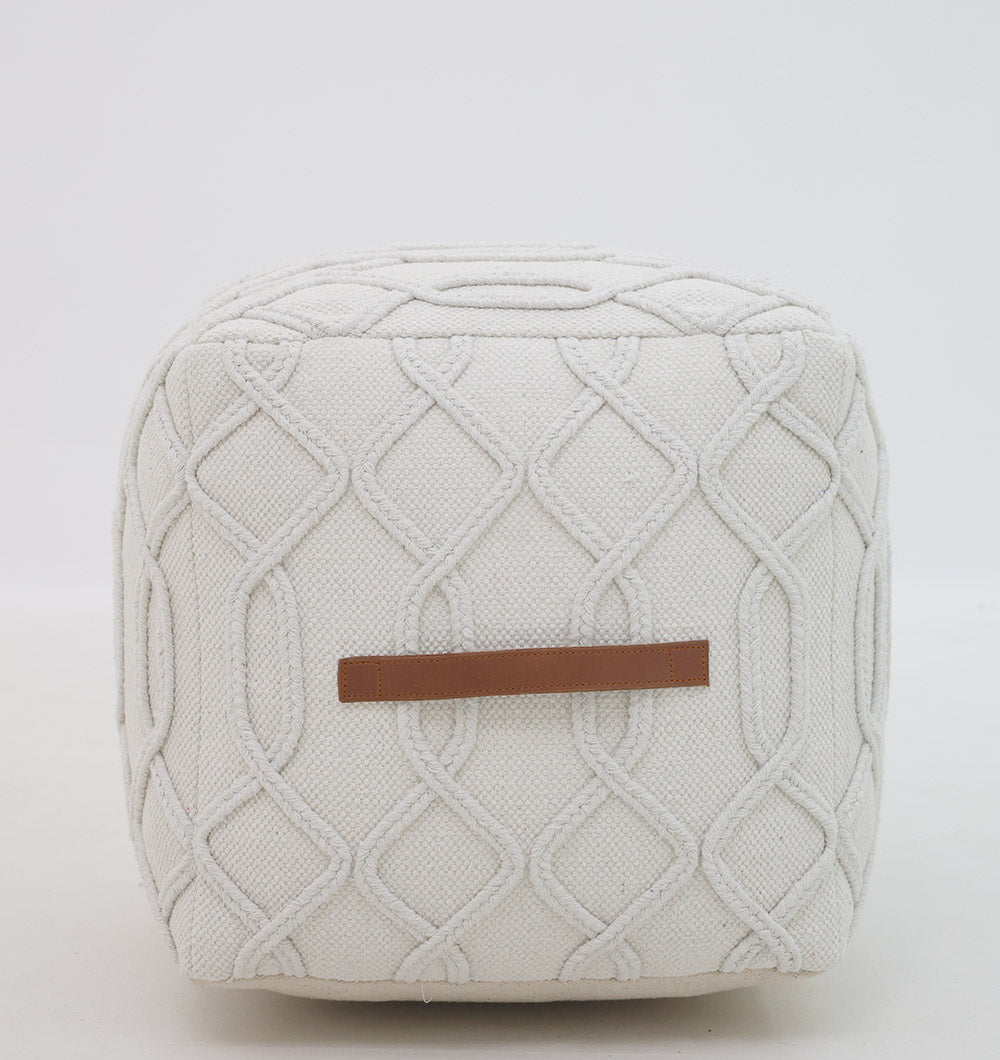 The RAMSHA HOME Ivory Nordic Bliss Cotton Pouf with insert (PF 167) features textured, diamond-patterned handmade cotton in a cream cube shape and a brown leather handle, perfect as a stylish accent piece.