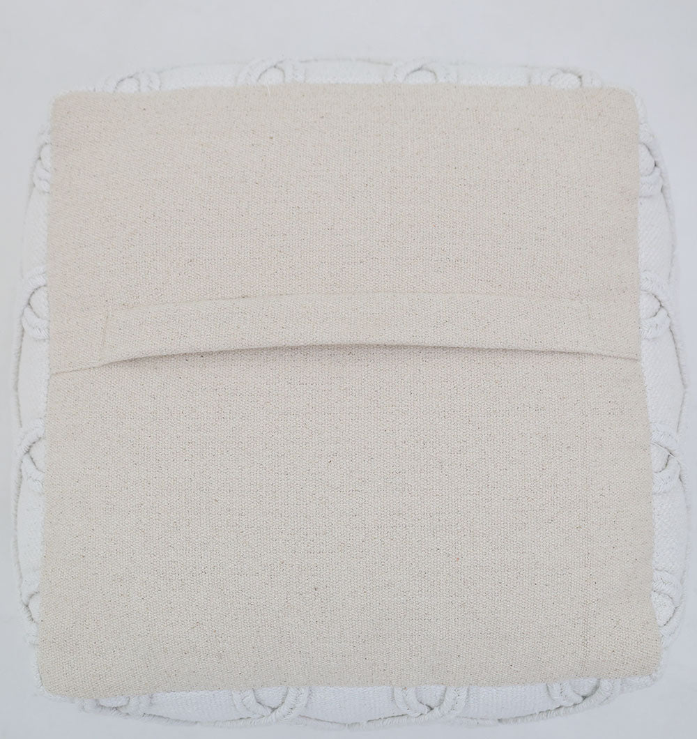 The RAMSHA HOME Ivory Nordic Bliss Cotton Pouf with insert PF 167 features a square, off-white cover shown from the back with a horizontal envelope opening and subtle white trim—making it an ideal decorative accent for any space.