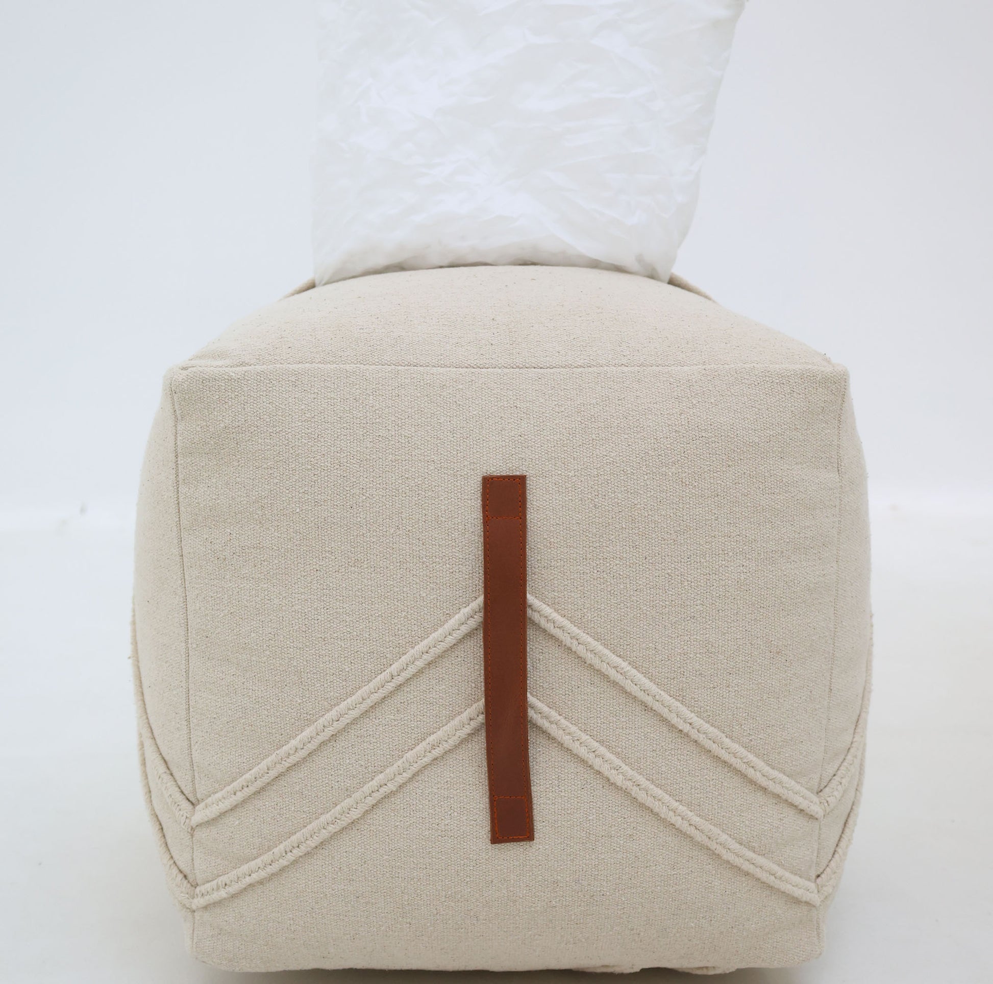 The RAMSHA HOME Ivory Nordic Bliss Cotton Pouf with insert PF 172 is a stylish, square beige pouf featuring decorative stitching, serving as both a seating accent and functional decor, displayed on a plain white background.