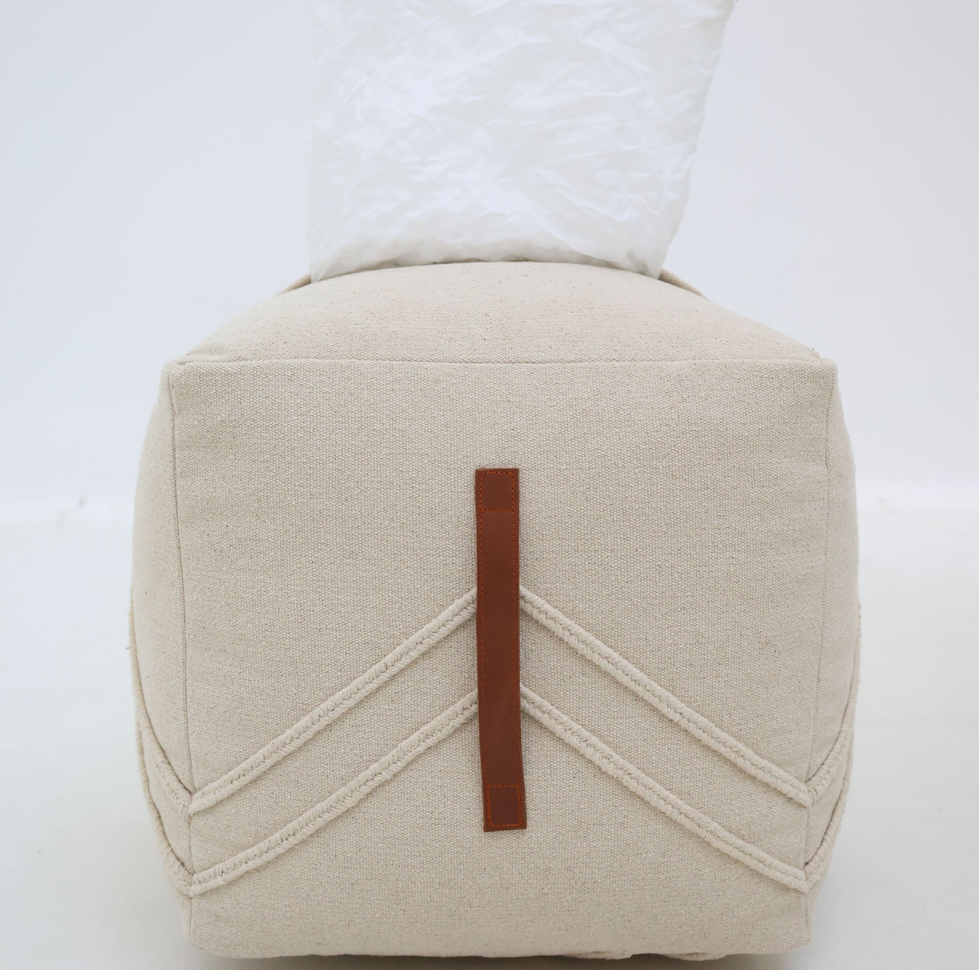 The RAMSHA HOME Ivory Nordic Bliss Cotton Pouf with insert PF 172 is a stylish, square beige pouf featuring decorative stitching, serving as both a seating accent and functional decor, displayed on a plain white background.