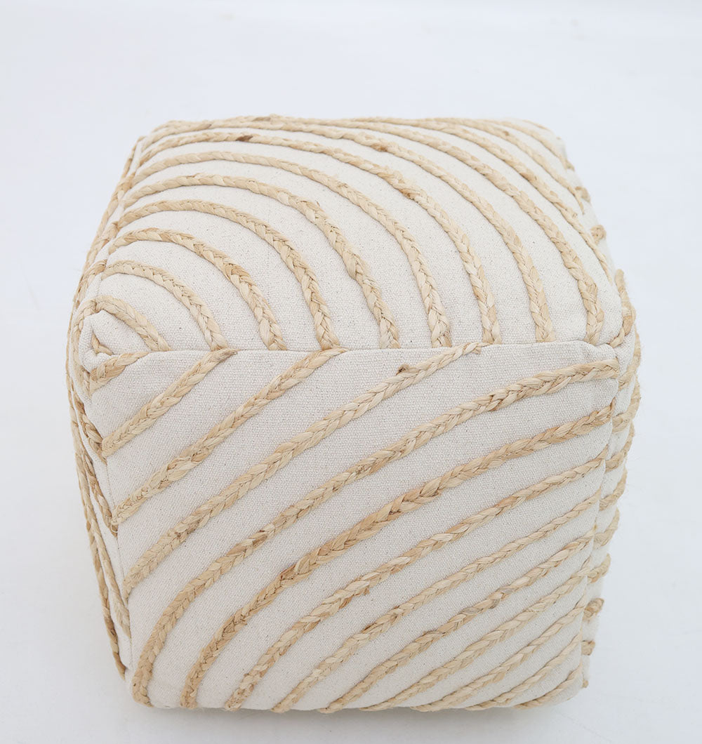 The RAMSHA HOME Aurora Cotton Floor Pouf with insert PF 173 is a beige cotton ottoman featuring diagonal braided rope accents, shown against a plain white background.