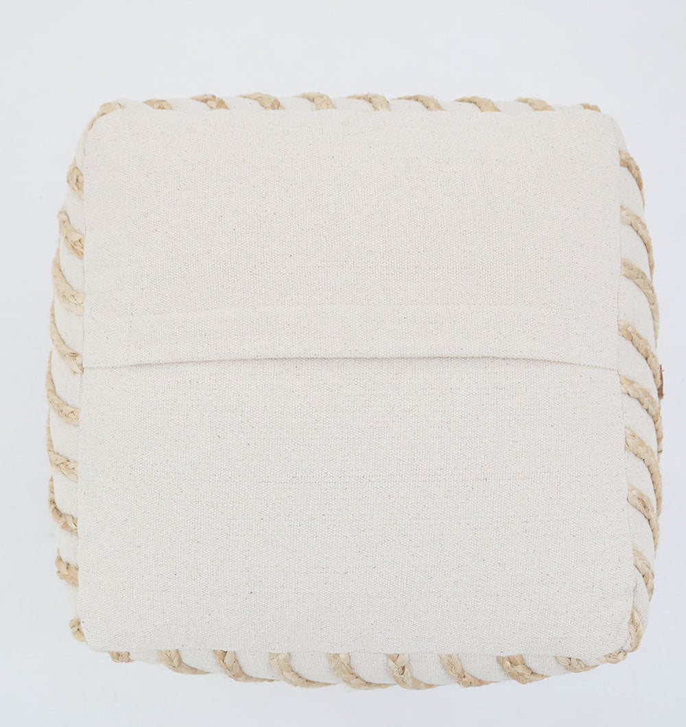 The Aurora Cotton Floor Pouf with insert PF 173 by RAMSHA HOME features premium square beige cotton with a central seam and thick twisted rope trim, adding handcrafted elegance against a plain white background.