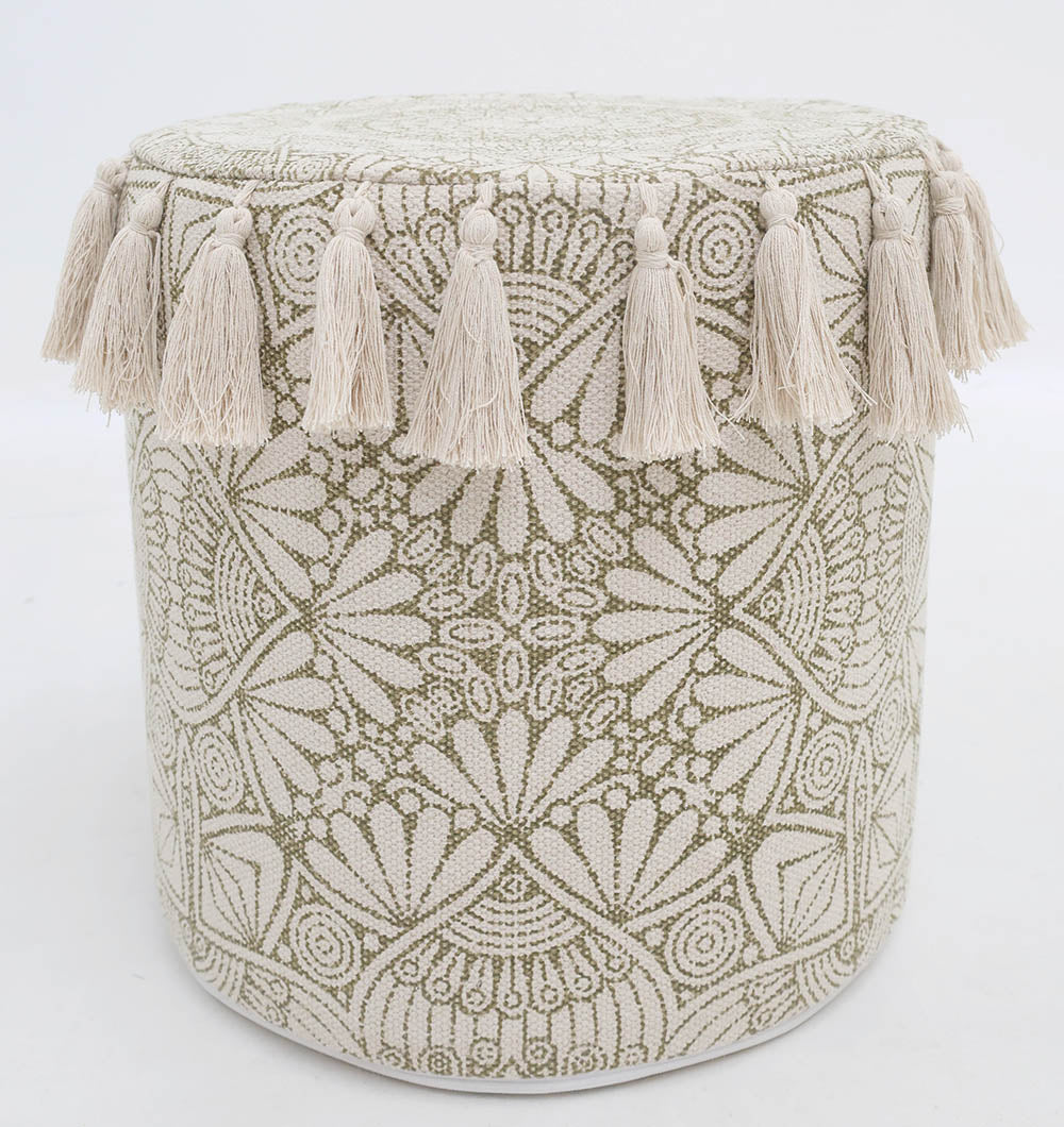 The RAMSHA HOME Stylish cotton printed pouf with decorative tassels (PF 174) features an intricate green and white pattern and cream-colored fringe, adding a boho touch to any space. Perfect for accenting plain white backgrounds.