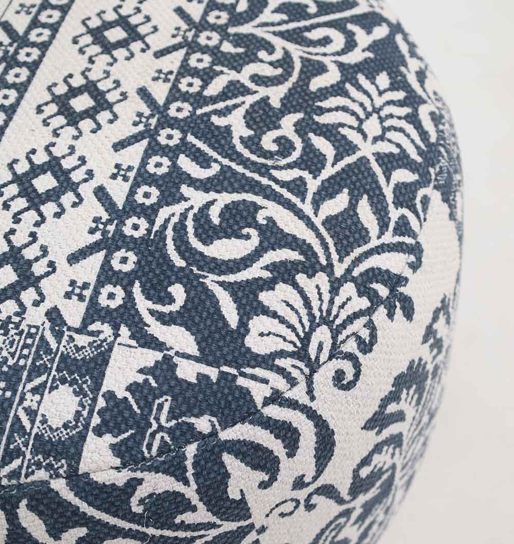 Close-up of the RAMSHA HOME Boho Printed Round Pouf with Insert PF 176 shows its blue and white floral and geometric patterned fabric—an elegant, stylish addition to your home décor.
