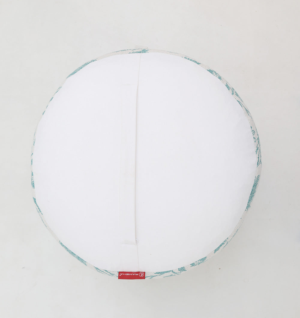 The RAMSHA HOME Round Bohemian Printed Pouf with Comfortable Insert PF 177 features a round white design, subtle teal pattern trim, and a small red fabric tag; shown against a plain white background.
