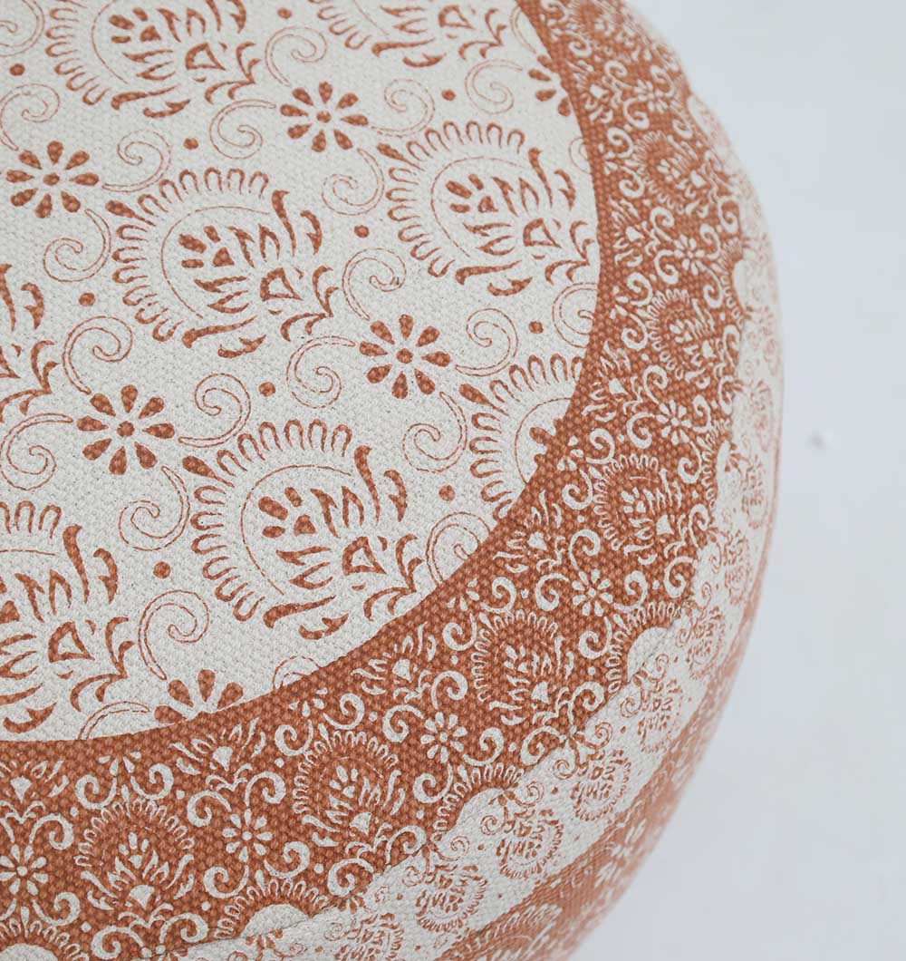 The RAMSHA HOME Round Bohemian Printed Pouf with Comfortable Insert PF 180 features intricate floral and paisley patterns in rust brown and white, with a central circular design—ideal as decorative seating for any space.