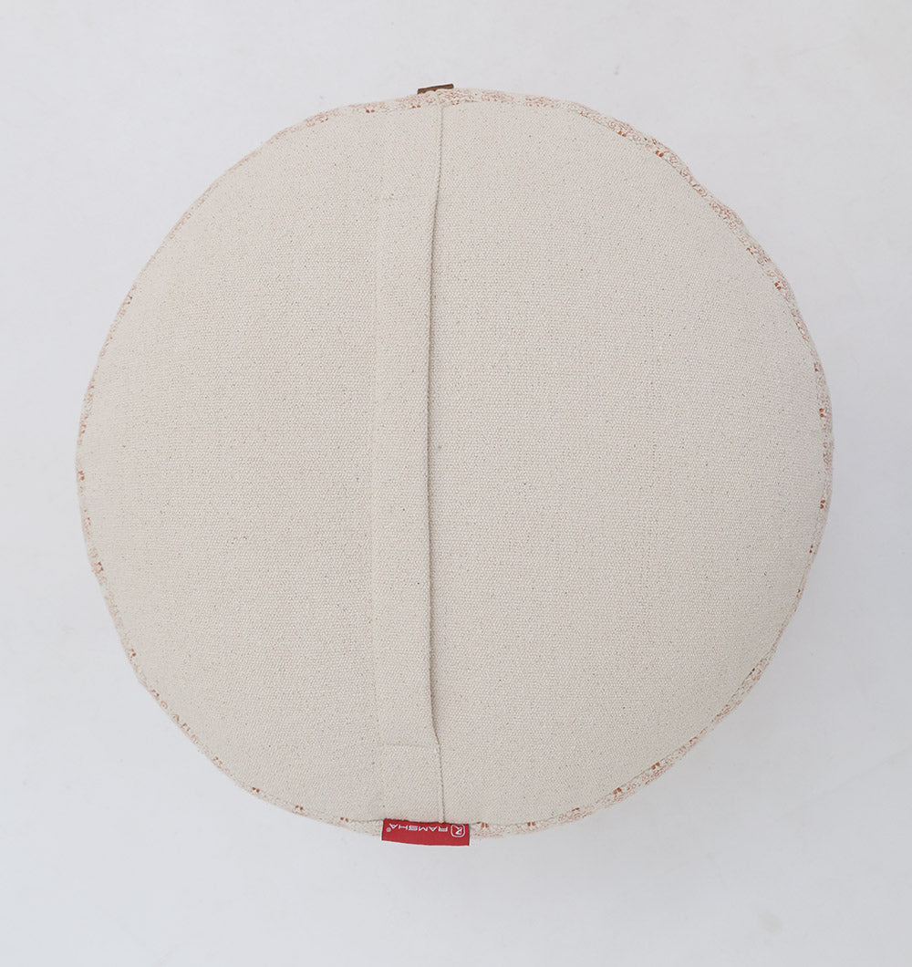 The RAMSHA HOME Round Bohemian Printed Pouf with Comfortable Insert PF 180 features a round design, vertical center seam, and small red tag, shown from above against a white background for stylish decor.
