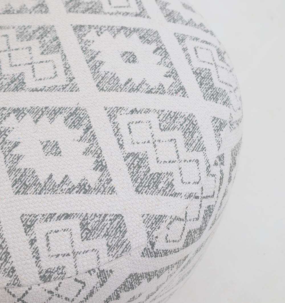 The RAMSHA HOME Round Bohemian Printed Pouf with Comfortable Insert PF 183 features a white base and light gray geometric patterns—diamonds and zigzags—ideal for stylish home décor, shown against a plain white background.