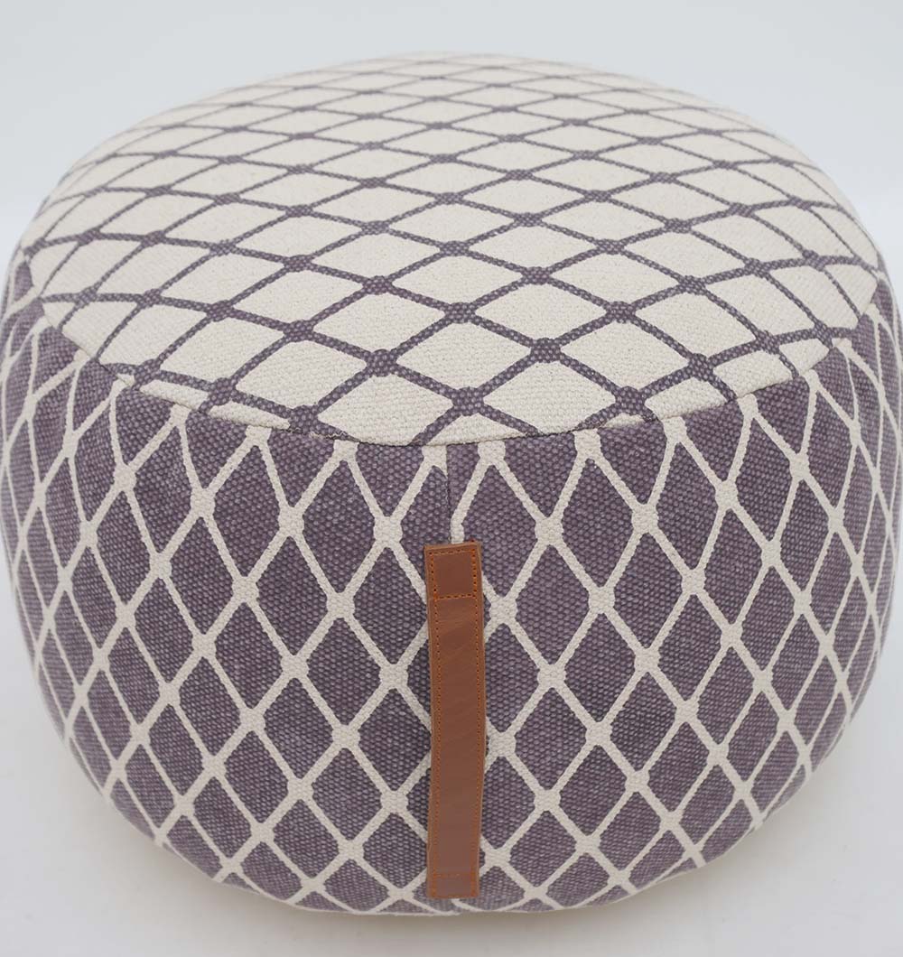 The RAMSHA HOME Modern Diamond Pattern Round Pouf with Comfortable Insert PF 184 features a cream and dark gray lattice design and a brown leather handle—perfect for stylish home décor, shown on a plain white background.