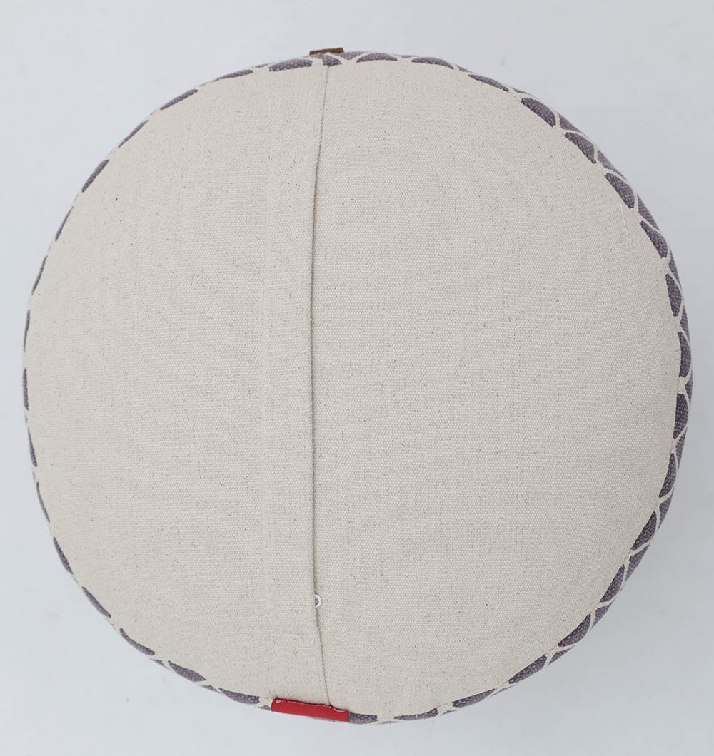 The RAMSHA HOME Modern Diamond Pattern Round Pouf with Comfortable Insert PF 184 features a beige fabric, vertical seam, gray patterned edging, and a red tag—a stylish accent for your space. Photographed on a white background.