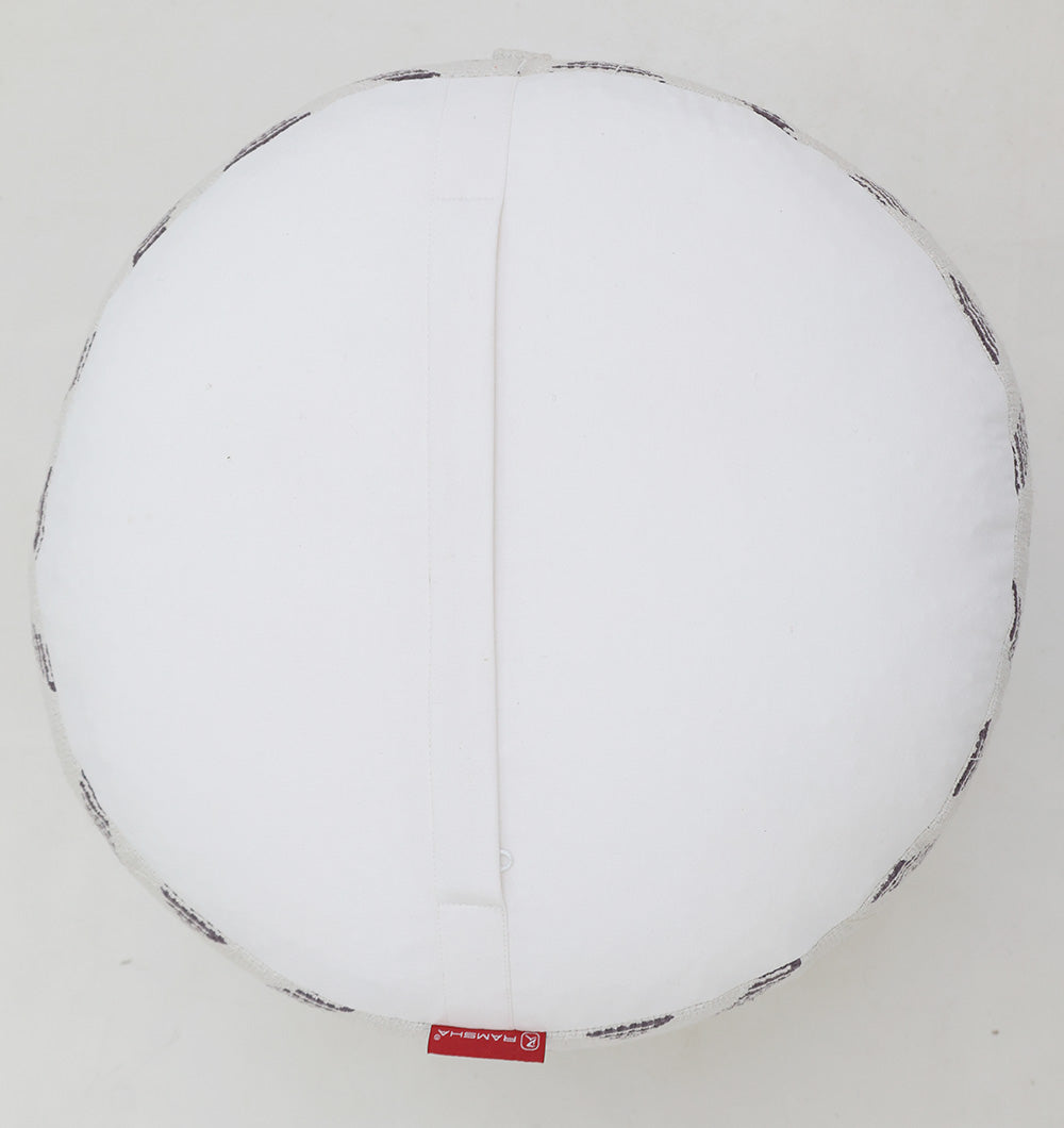 The RAMSHA HOME White Color Modern Diamond Pattern Round Pouf with Insert PF 185 features gray edges, a red fabric tag on the central seam, and a soft thermocol insert for comfort; shown from above on a plain background.