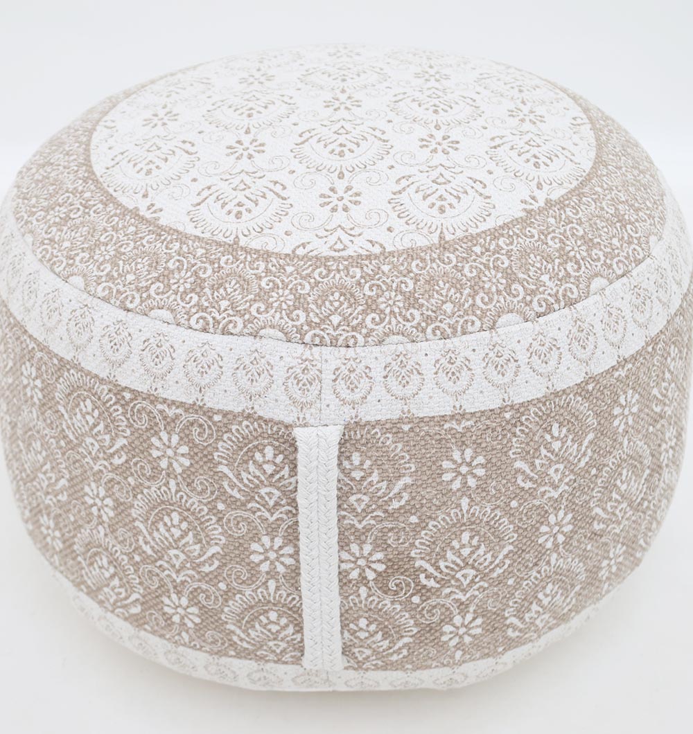 The RAMSHA HOME Modern Printed Round Pouf with Insert PF 186 features a beige and white floral pattern and textured designs, making it a stylish addition to your home décor.