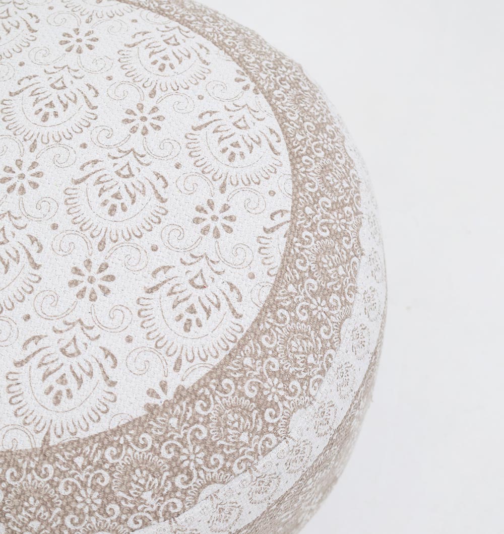 Close-up of the RAMSHA HOME Modern Printed Round Pouf with Insert PF 186, featuring an off-white base and detailed beige floral and paisley designs—ideal for home décor, shown on a plain white surface.