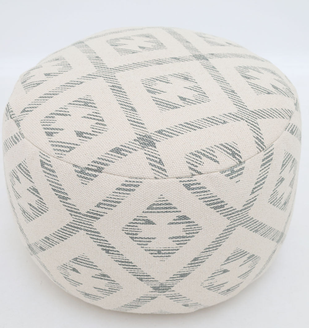 The RAMSHA HOME Round Bohemian Printed Pouf with Comfortable Insert PF 188 showcases a geometric diamond and line pattern in light gray on off-white, making it a stylish addition to any home décor.