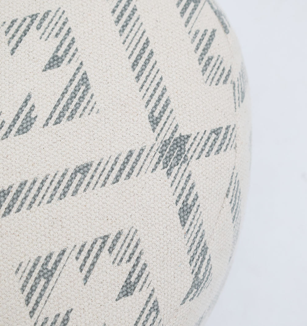Close-up of the Round Bohemian Printed Pouf with Comfortable Insert PF 188 by RAMSHA HOME, showcasing a gray-on-white geometric pattern—ideal for stylish, modern home décor.