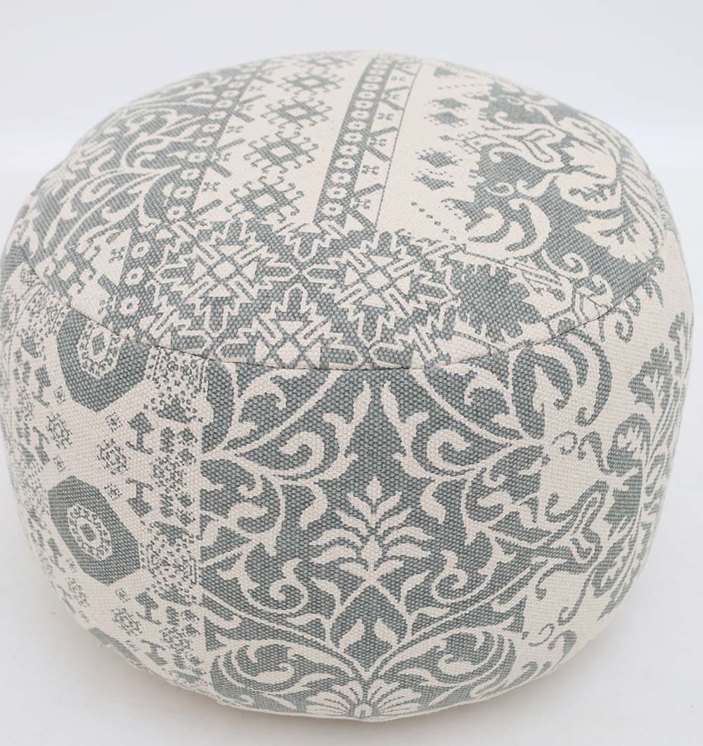 RAMSHA HOME’s Bohemian Grey Color Printed Pouf with Comfortable Insert PF 189 features a stylish geometric and floral design, ideal for enhancing your home décor, shown against a plain white background.