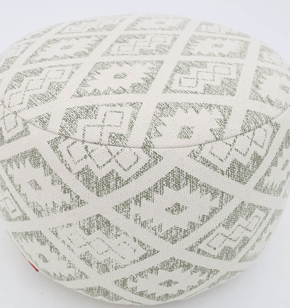 The RAMSHA HOME Luxury Round Floor Pouf with Leather Handle PF 190 features a geometric diamond and zigzag pattern in light gray on white, durable bean bag filling, and a soft textured appearance—perfect as a seat or footrest.