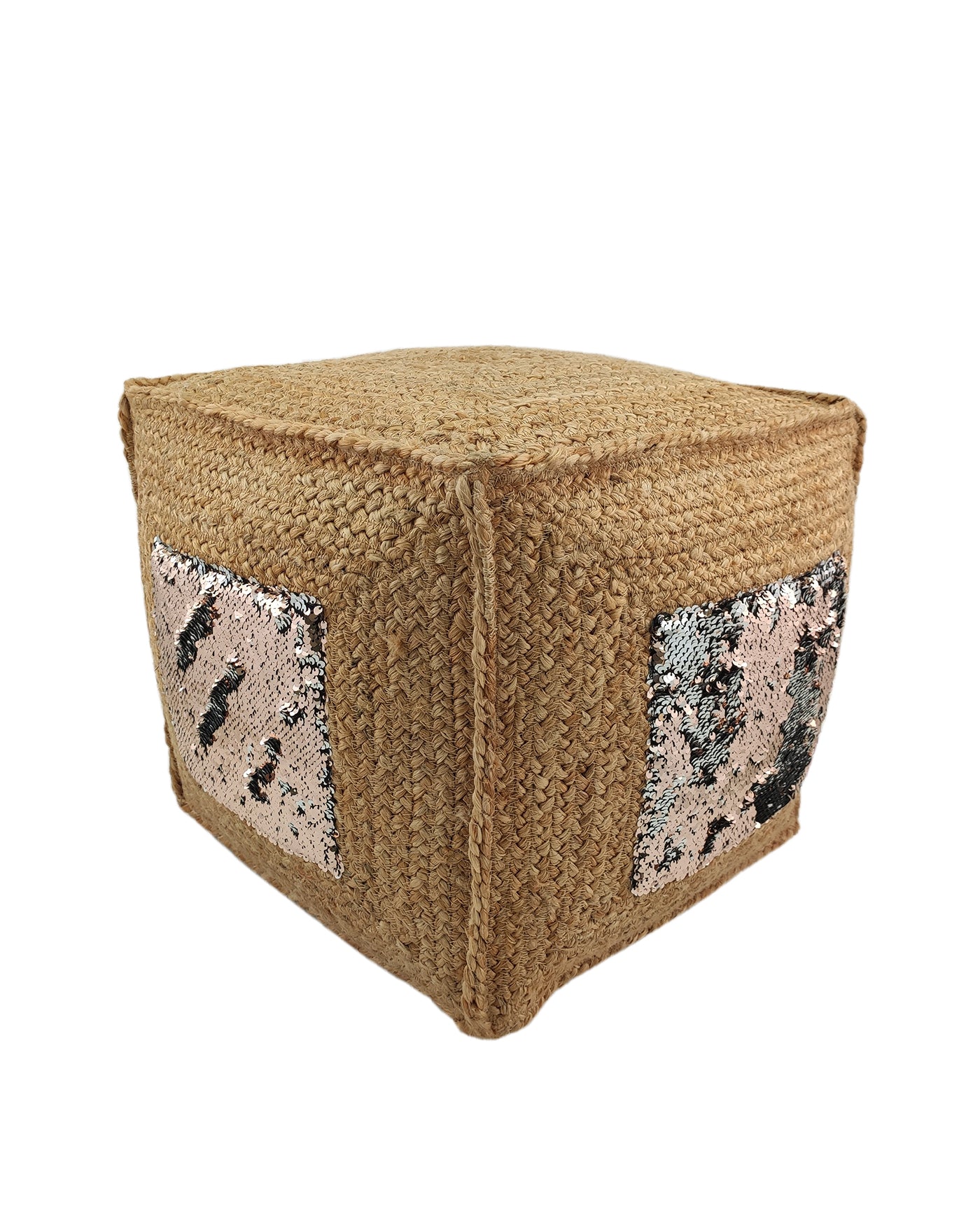 Stylish Jute And Sequence Pouf PF-097 made from 90% jute and 10% sequin fabric, blending organic charm with subtle sparkle for modern interiors.