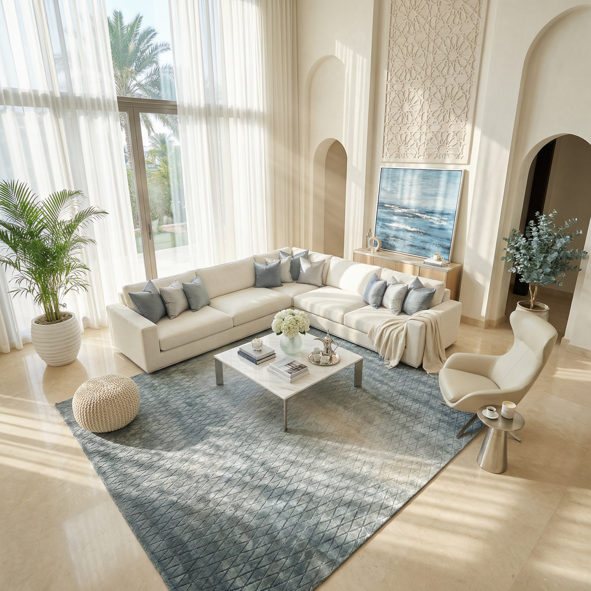 Bright living room with tall windows, light beige walls, a white sectional sofa with gray and blue cushions, modern chair, RAMSHA HOME Steel Diamond Handmade Rug HTV 28 (300x400 cm), coffee table, plants, and coastal artwork; sunlight streams in.