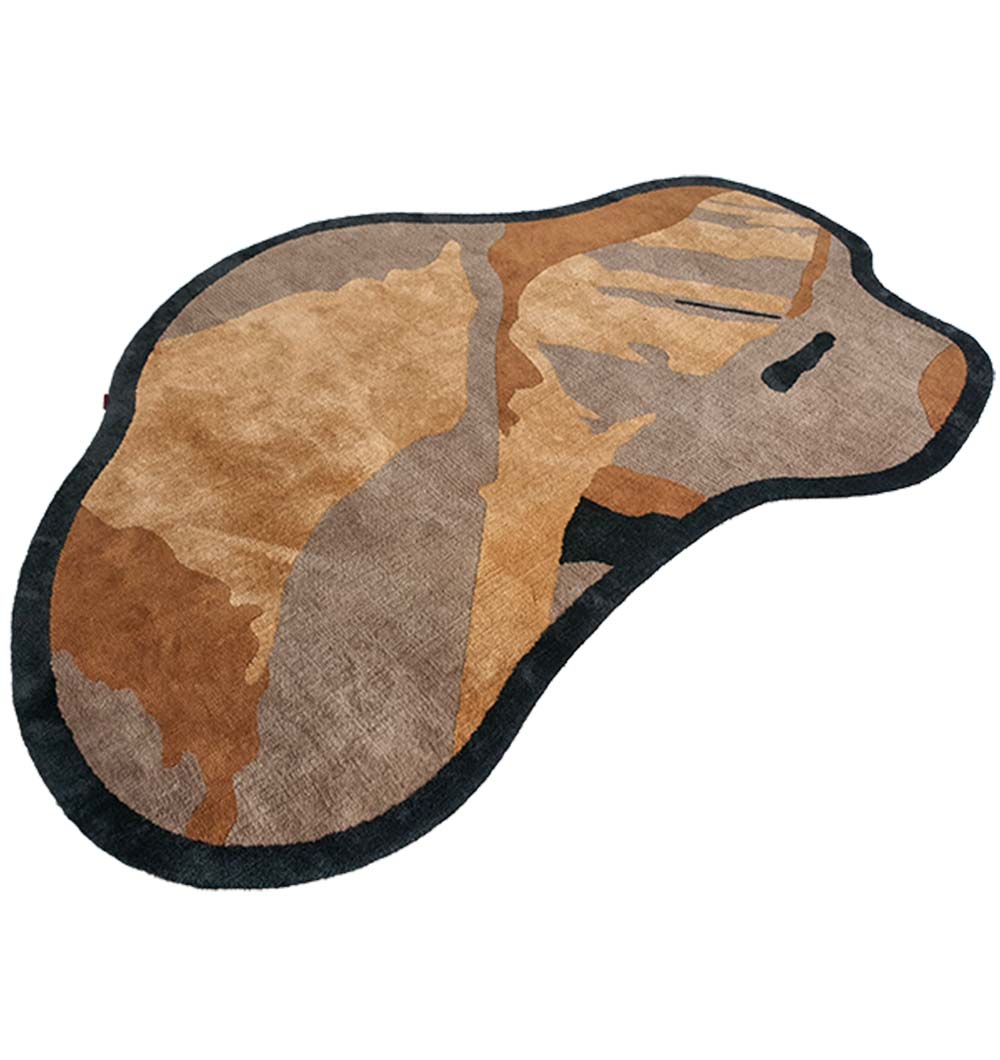 The RAMSHA HOME Curved Shaped Multi Colored Carpet CMN-03 features an abstract design in brown, tan, and black shades with a dark border.