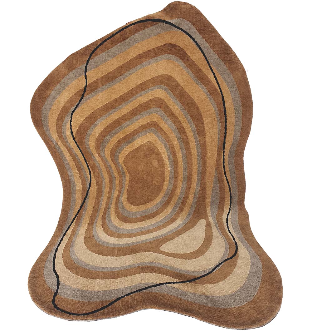 The RAMSHA HOME Curved Shaped Multi Colored Carpet CMN-08 features an abstract, modern design with wavy concentric bands in brown and beige, an irregular shape, and a striking dark curved line reminiscent of a topographic map.