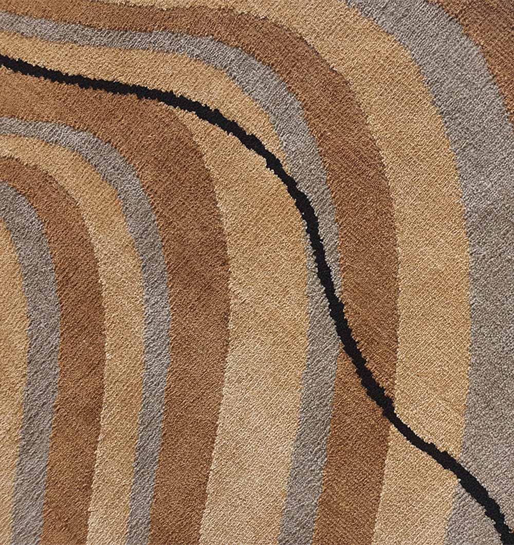 The RAMSHA HOME Curved Shaped Multi Colored Carpet CMN-08 showcases wavy brown and tan bands intersected by a bold black line, creating an artistic, layered earth-inspired look—perfect as a striking brown and beige abstract rug.
