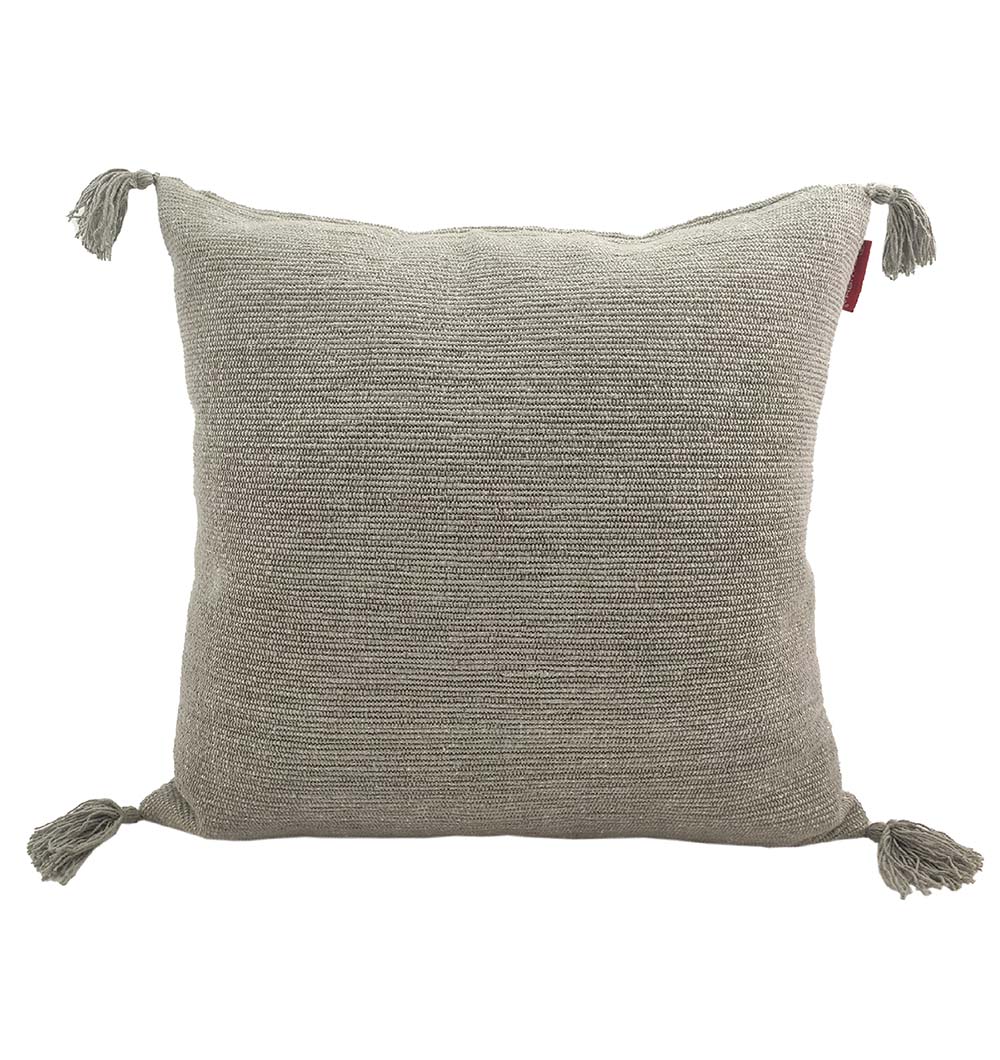 RAMSHA HOME Cotton & Polyester Natural & White Color Cushion With Filler CS-157: A square cushion with a subtle texture, tassels at each corner, and a soft filler, displayed against a white background.
