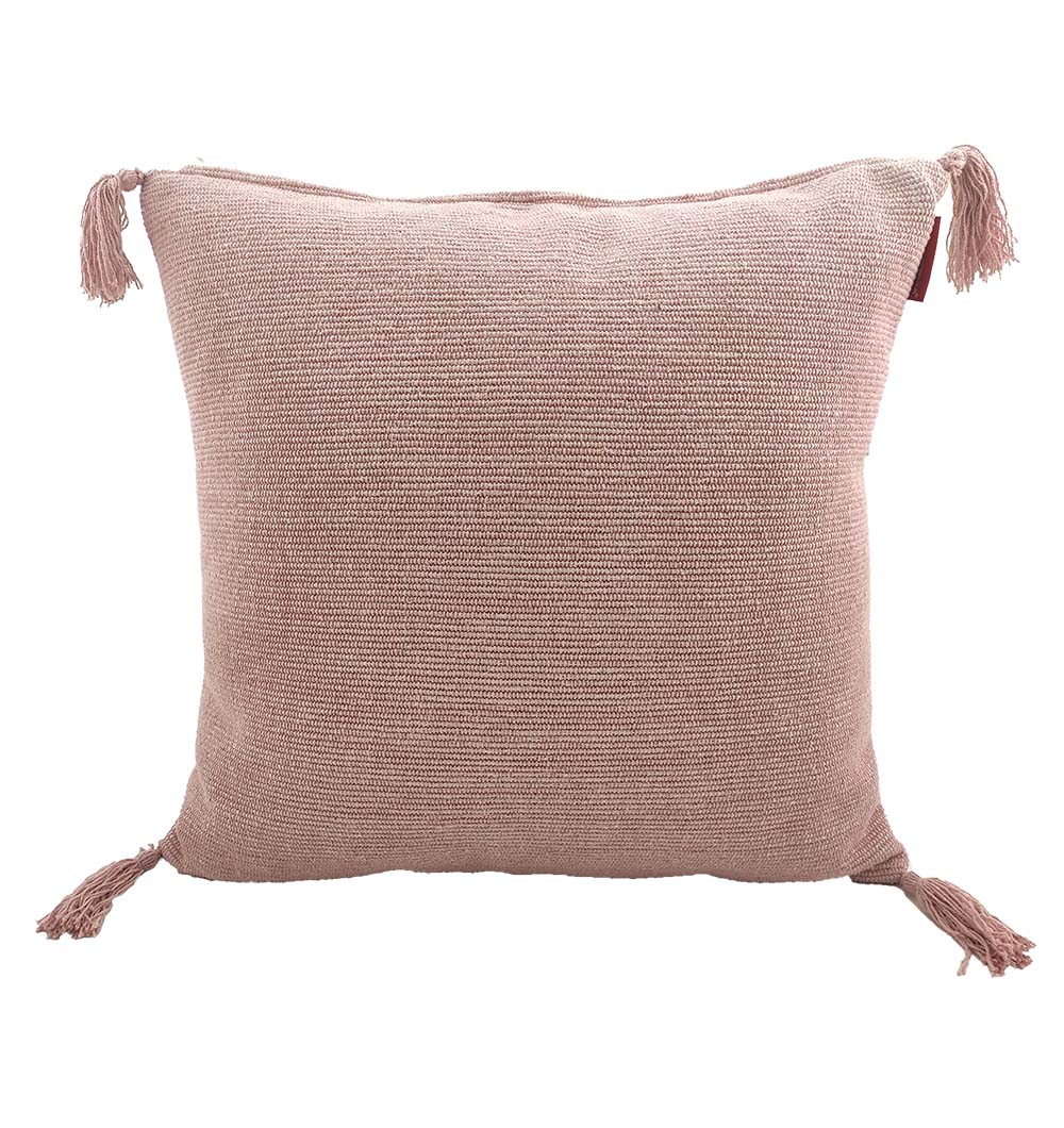 The RAMSHA HOME Cotton & Polyester Natural & White Color Cushion With Filler CS-157 features a soft, knitted texture and tassels at each corner, displayed against a white background.