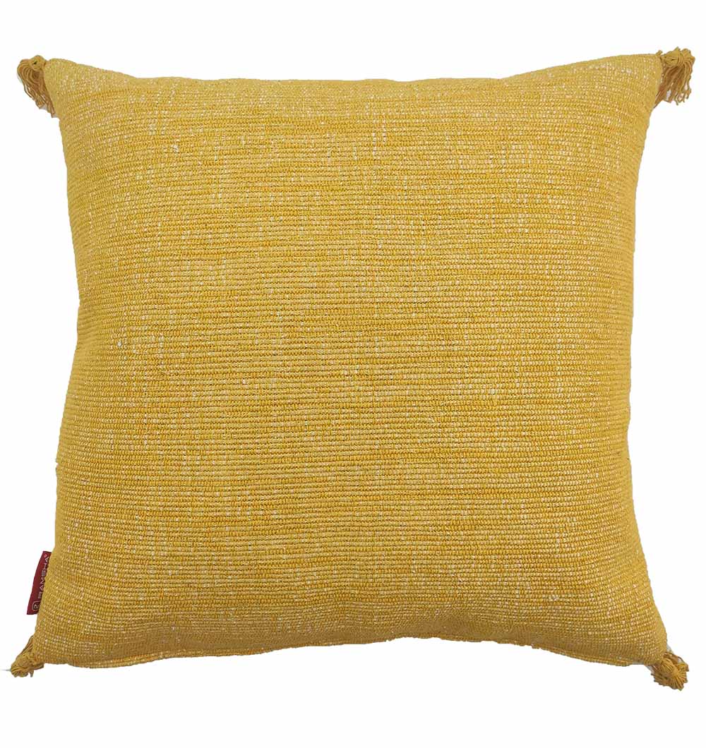 The RAMSHA HOME Cotton & Polyester Natural & White Color Cushion With Filler CS-157 features a textured surface and small corner tassels, displayed on a white background.