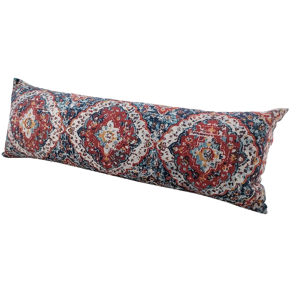 The RAMSHA HOME Polyester Cushion With Filler CS-176 is a long, rectangular multi-color cushion showcasing a vibrant mandala and floral design in red, blue, white, and gold—ideal for adding artistic flair to any room.