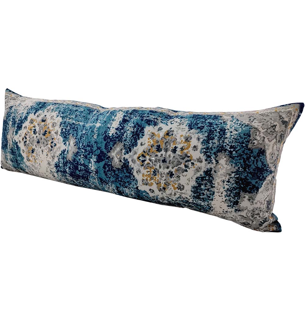 The RAMSHA HOME Polyester Cushion With Filler CS-177 is a long, handmade, rectangular cushion featuring an abstract pattern in blue, white, gray, and yellow—ideal as a multi-color accent for modern home decor.