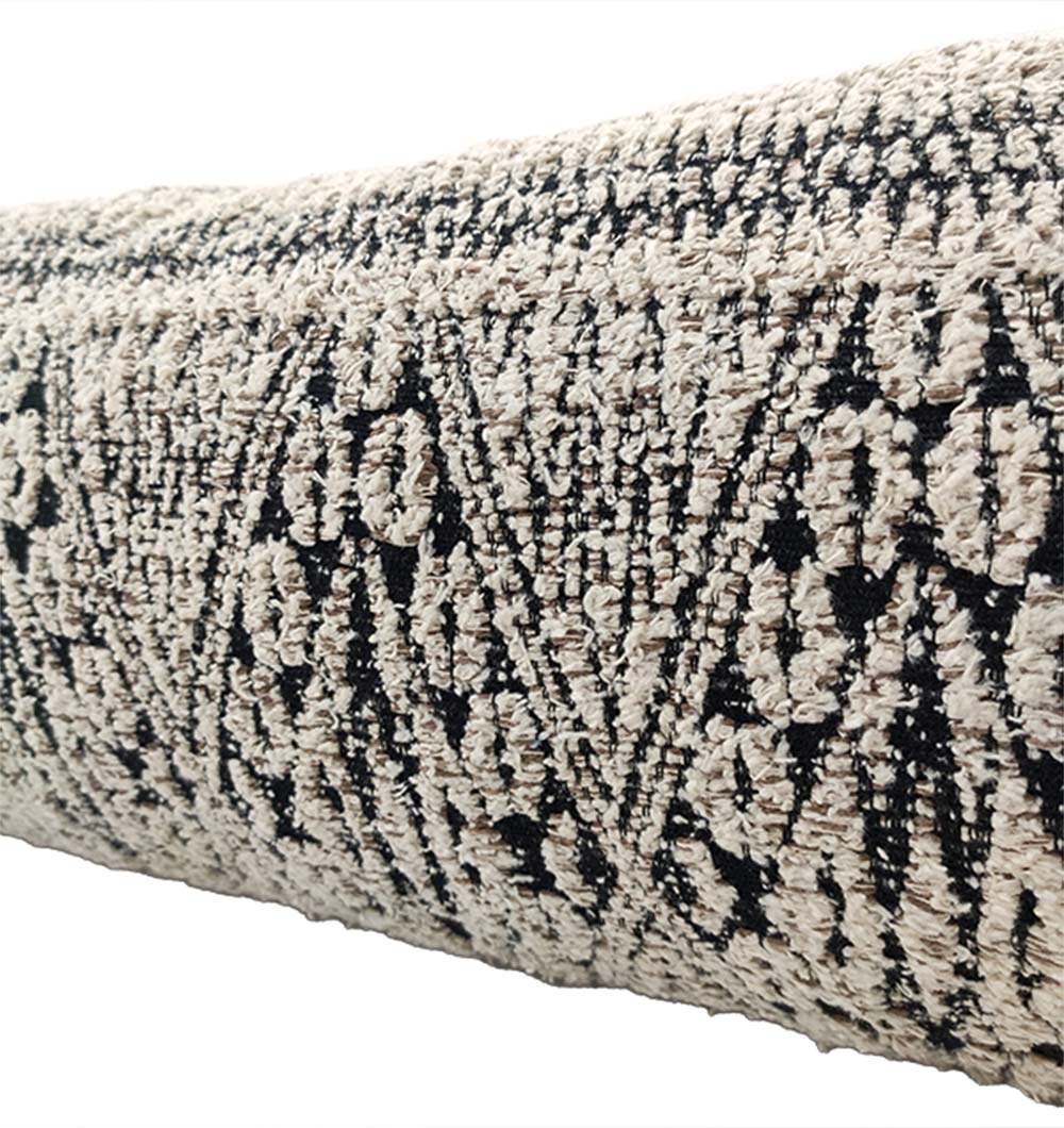 Close-up of the RAMSHA HOME Boho Cushion With Small Tassels CS-204, showcasing its intricate black and beige geometric woven pattern—ideal for adding a stylish touch to any space.