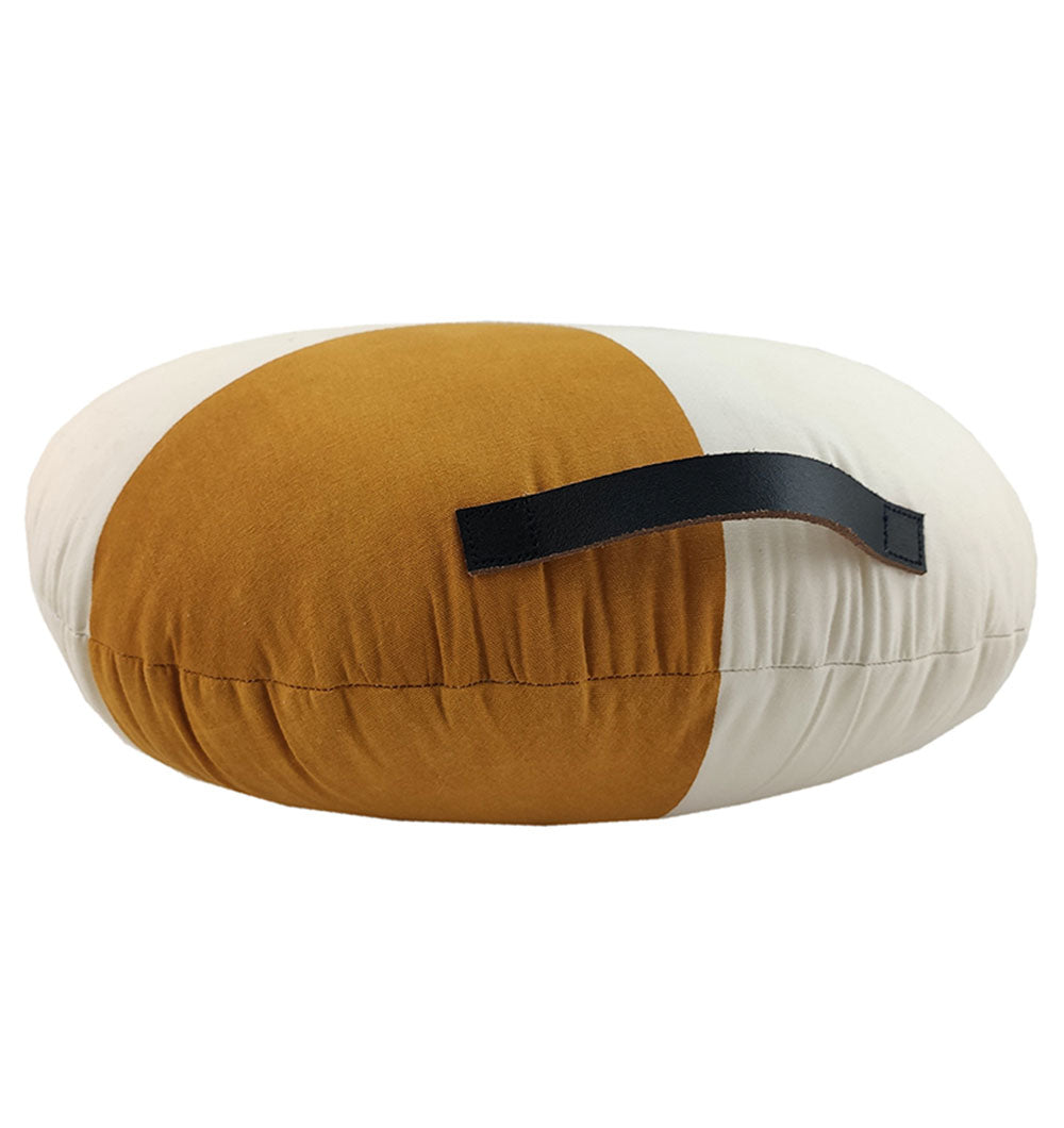 The RAMSHA HOME Cotton Cushion CS-224 features alternating mustard yellow and white sections, a black side handle, and a removable cover for easy care.