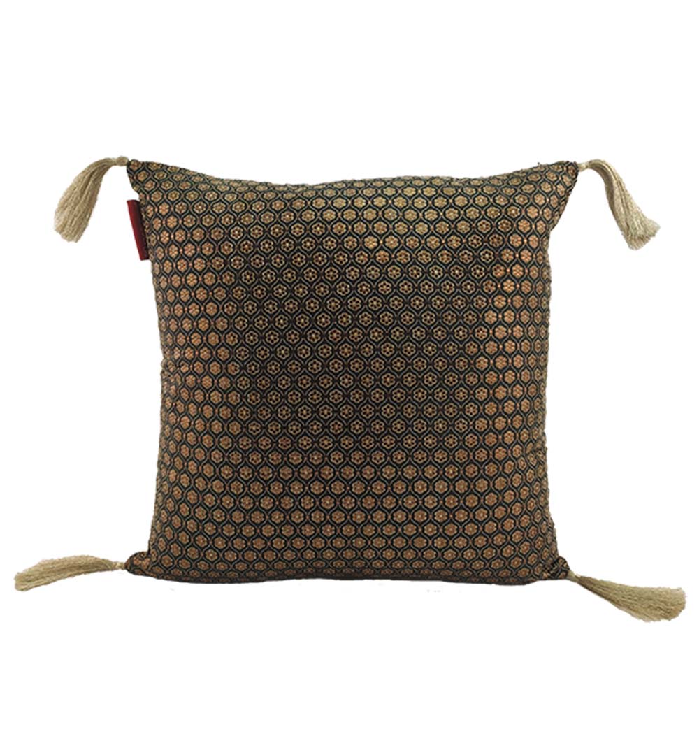 RAMSHA HOME’s Polyester Cushion Black And Gold With Tassel features a plush texture, geometric pattern, and black and gold tassels at each corner. Made from soft polyester for stylish comfort.