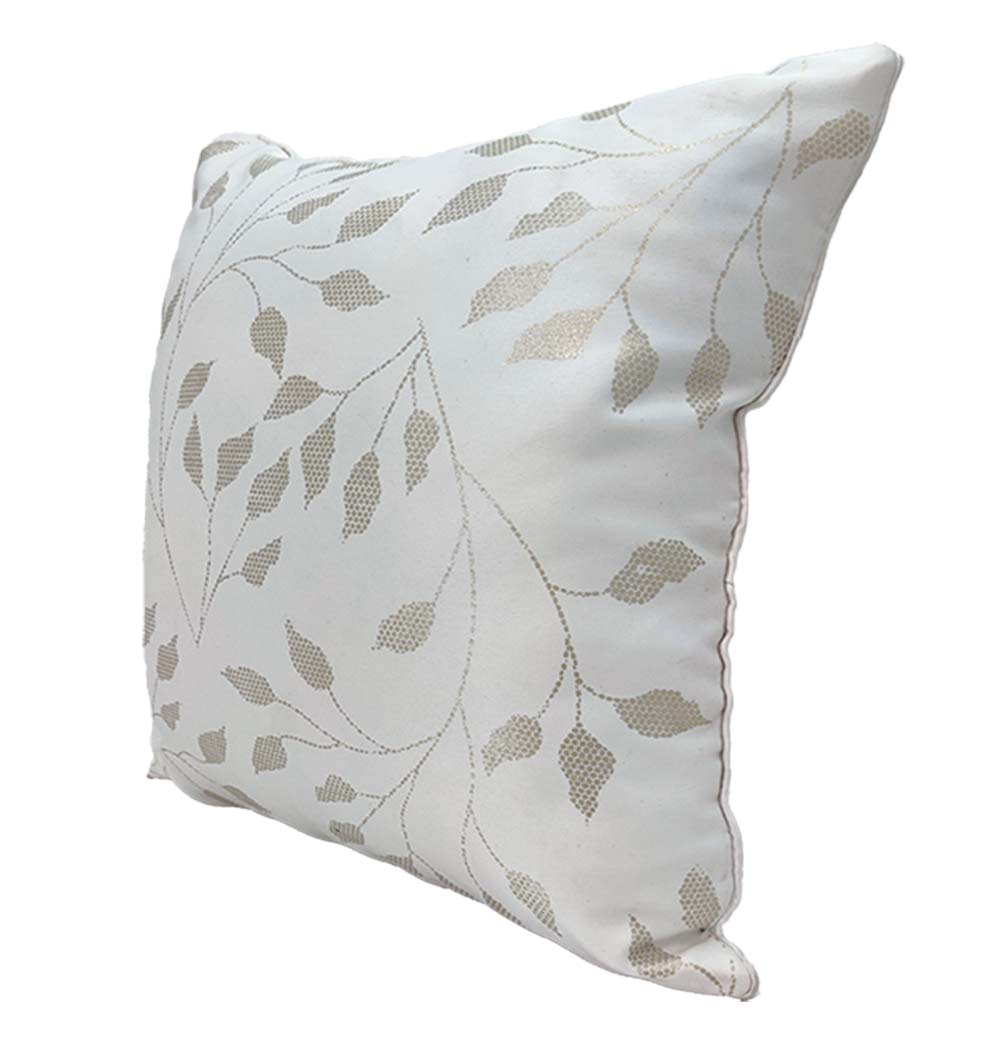 The RAMSHA HOME Polyester Cushion With Gold Floral Foil Print (CS-242) features a soft, smooth white surface with shimmering gold floral designs. It includes an insert and has slightly rounded edges for added comfort and style.