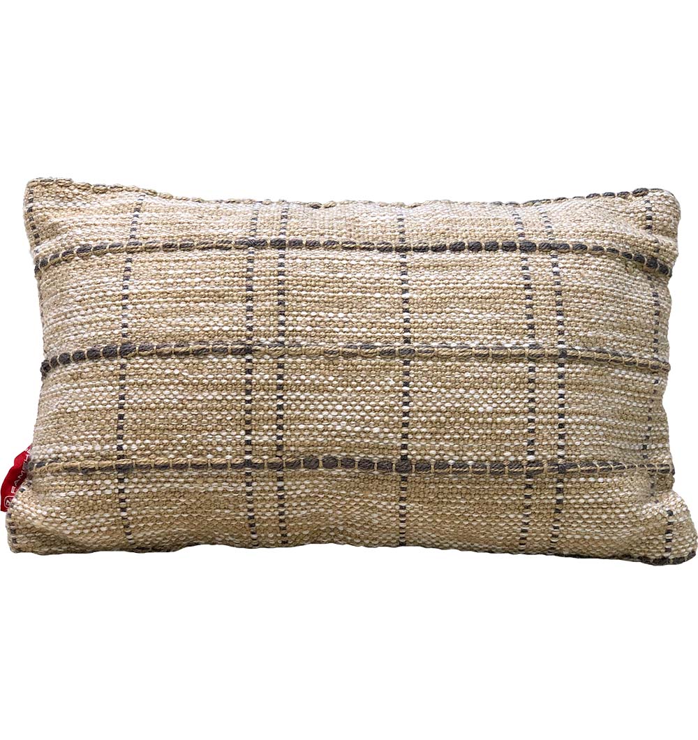 The RAMSHA HOME 100% Polyester Cushion CS-252 is a rectangular, beige woven cushion with a subtle plaid pattern of dark brown lines and a small red tag—a stylish and versatile addition to any decor.
