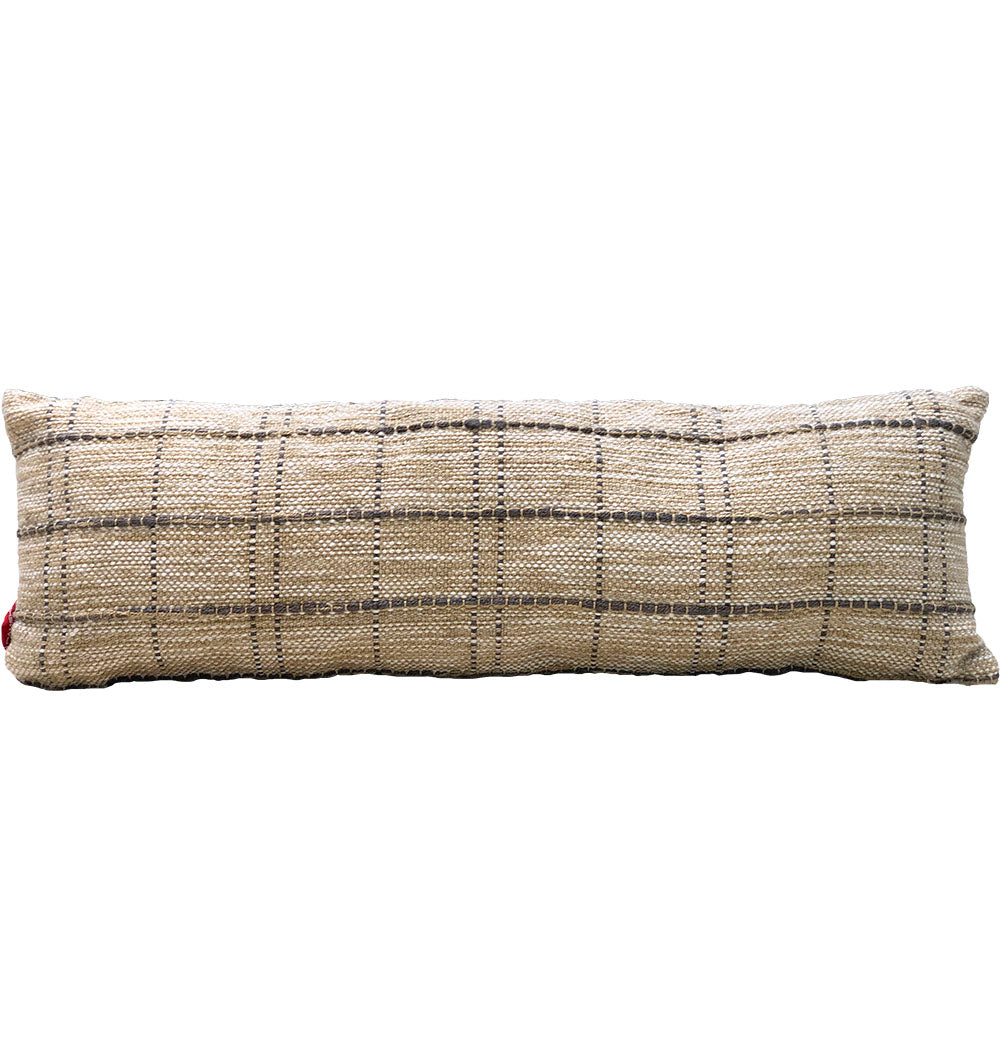 The RAMSHA HOME 100% Polyester Cushion CS-252 features a rectangular, long beige design with a textured woven surface and dark brown plaid—ideal as a stylish home accent that fits effortlessly into any decor.