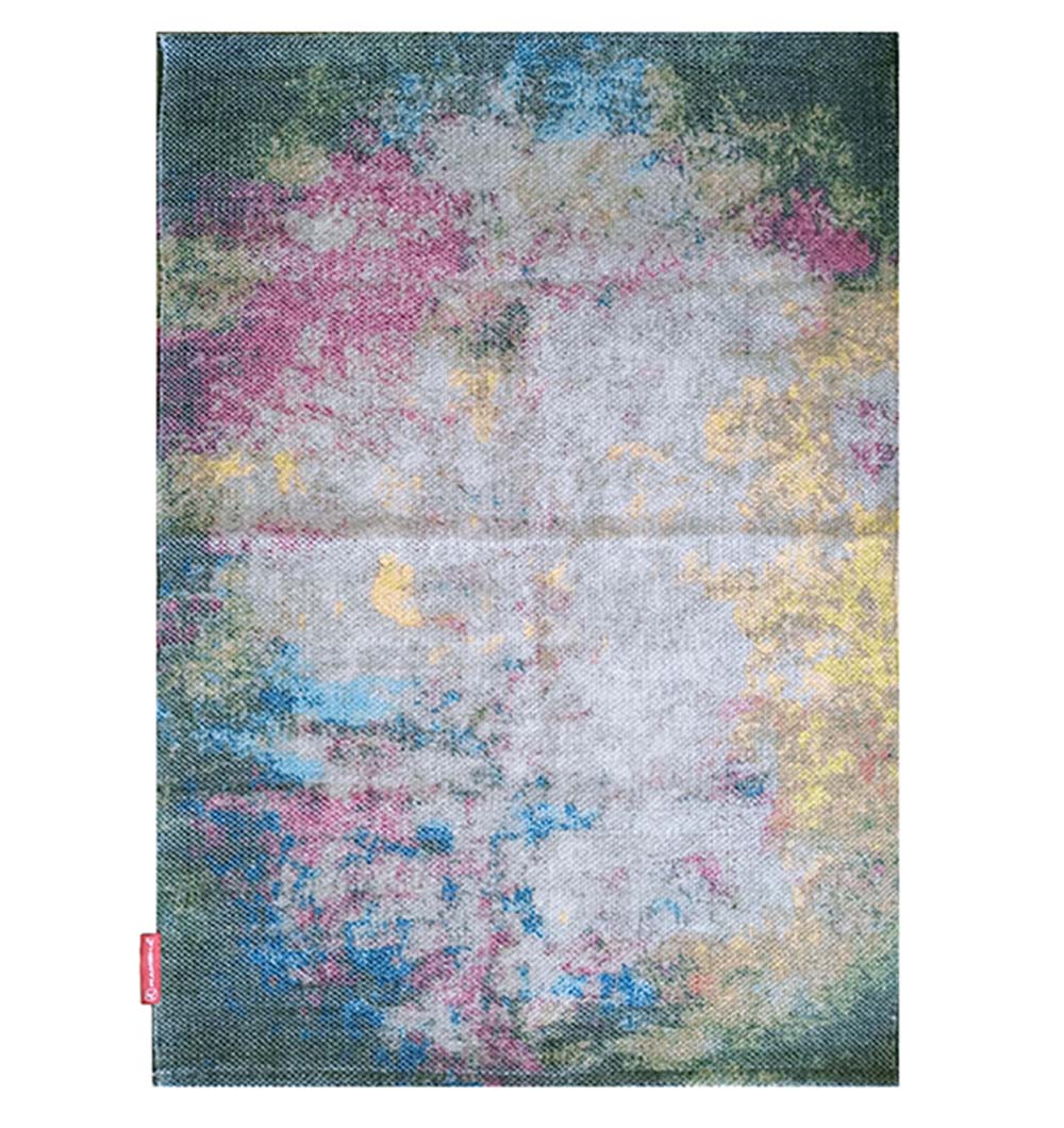 The RAMSHA HOME Geometry Pattern Printed Durry Multi Color DD-010 features a painterly, textured design with pink, blue, yellow, green, and white tones in a dhurry style for contemporary flair and modern appeal.