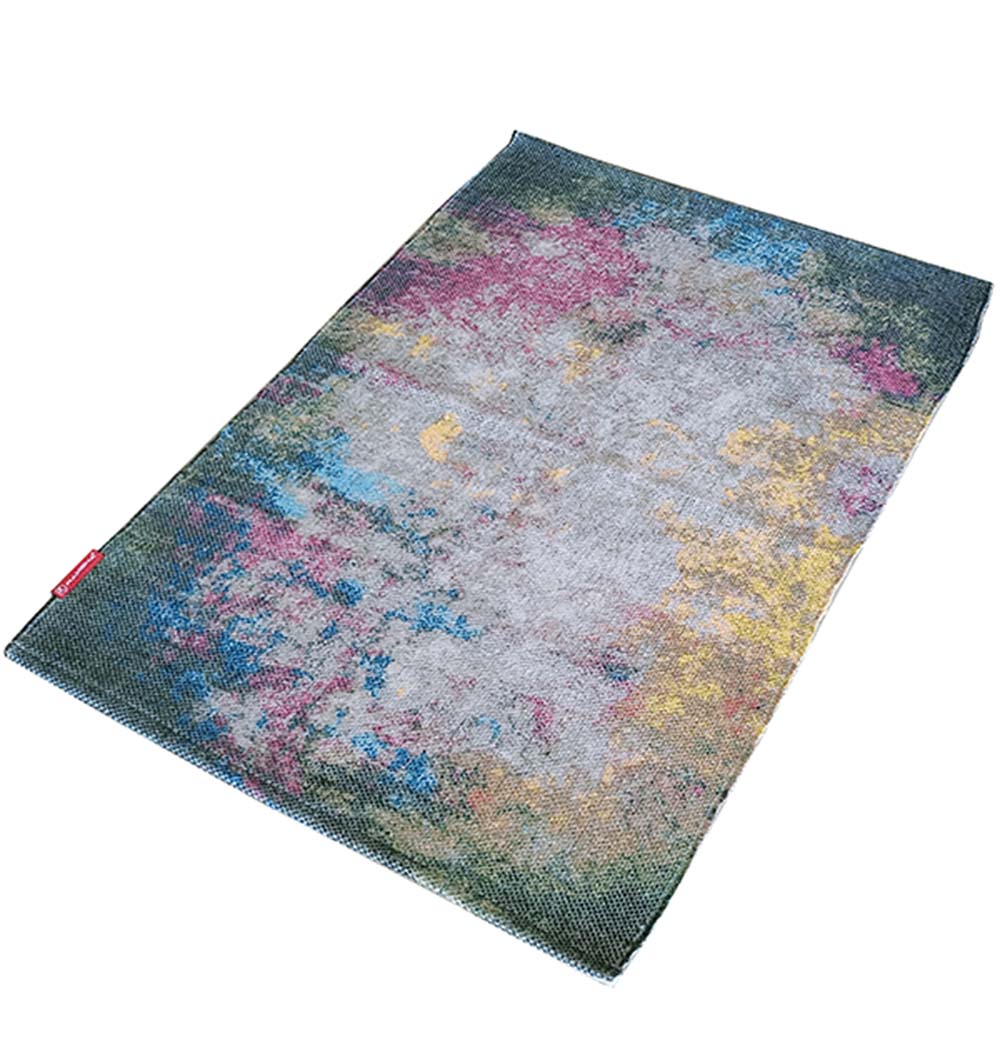 The RAMSHA HOME Geometry Pattern Printed Durry Multi Color DD-010 features a modern abstract design in blue, yellow, pink, and gray, shown laid flat on a white background.
