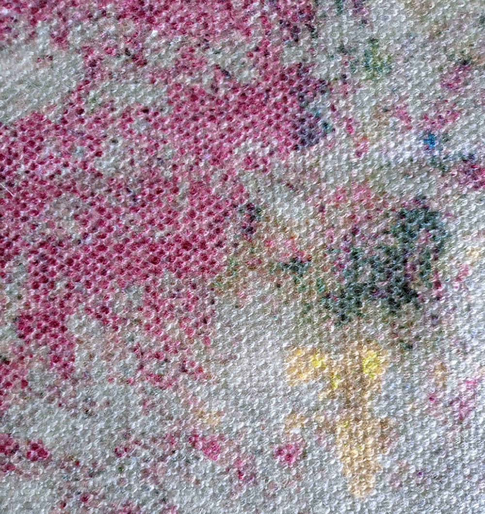 Close-up of the RAMSHA HOME Geometry Pattern Printed Durry Multi Color DD-010, featuring a modern abstract design in pink, yellow, green, and blue on a light background with visible textured weave and threads.