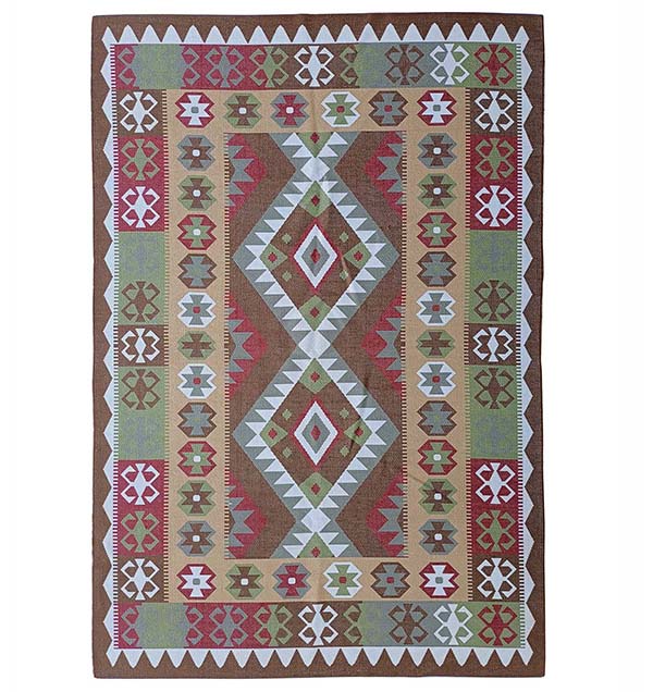 The RAMSHA HOME Tribal Kilim Diamond Multicolor Rug – DD 015 features bold geometric diamond and zigzag patterns in earthy red, brown, green, and tan tones, bordered by intricate motifs for a striking tribal look.