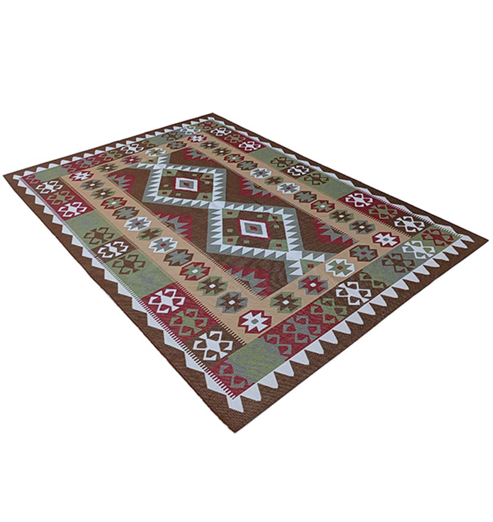 The RAMSHA HOME Tribal Kilim Diamond Multicolor Rug – DD 015 features a rectangular shape with central diamond patterns and decorative borders in earthy green, brown, beige, red, and white tones inspired by southwestern geometric designs.