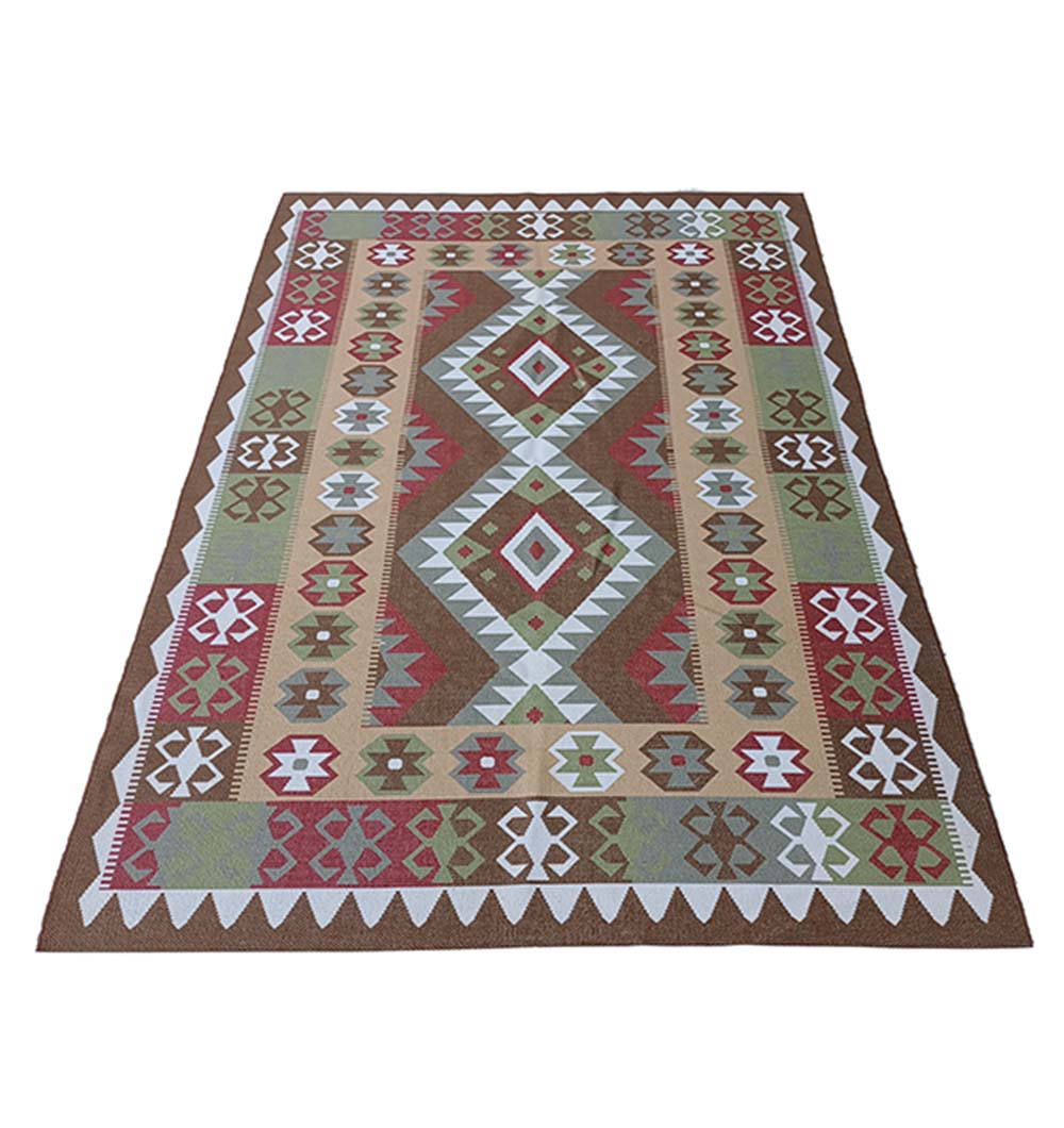 The RAMSHA HOME Tribal Kilim Diamond Multicolor Rug – DD 015 features a rectangular shape with geometric diamond patterns in red, green, white, and brown, plus intricate borders on all sides.