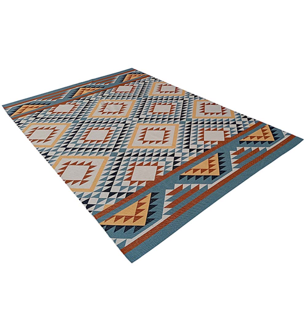 The RAMSHA HOME Geometric Diamond Tribal Blue & Tan Rug – DD 016 is a rectangular dhurry featuring diamonds, triangles, and zigzags in earthy blue and tan hues, with a bold border of coordinating triangular designs for striking appeal.