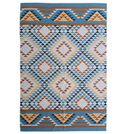 The RAMSHA HOME Geometric Diamond Tribal Blue & Tan Rug – DD 016 features a rectangular design with blue, beige, brown, and white diamond and triangle patterns plus symmetrical motifs and horizontal borders.