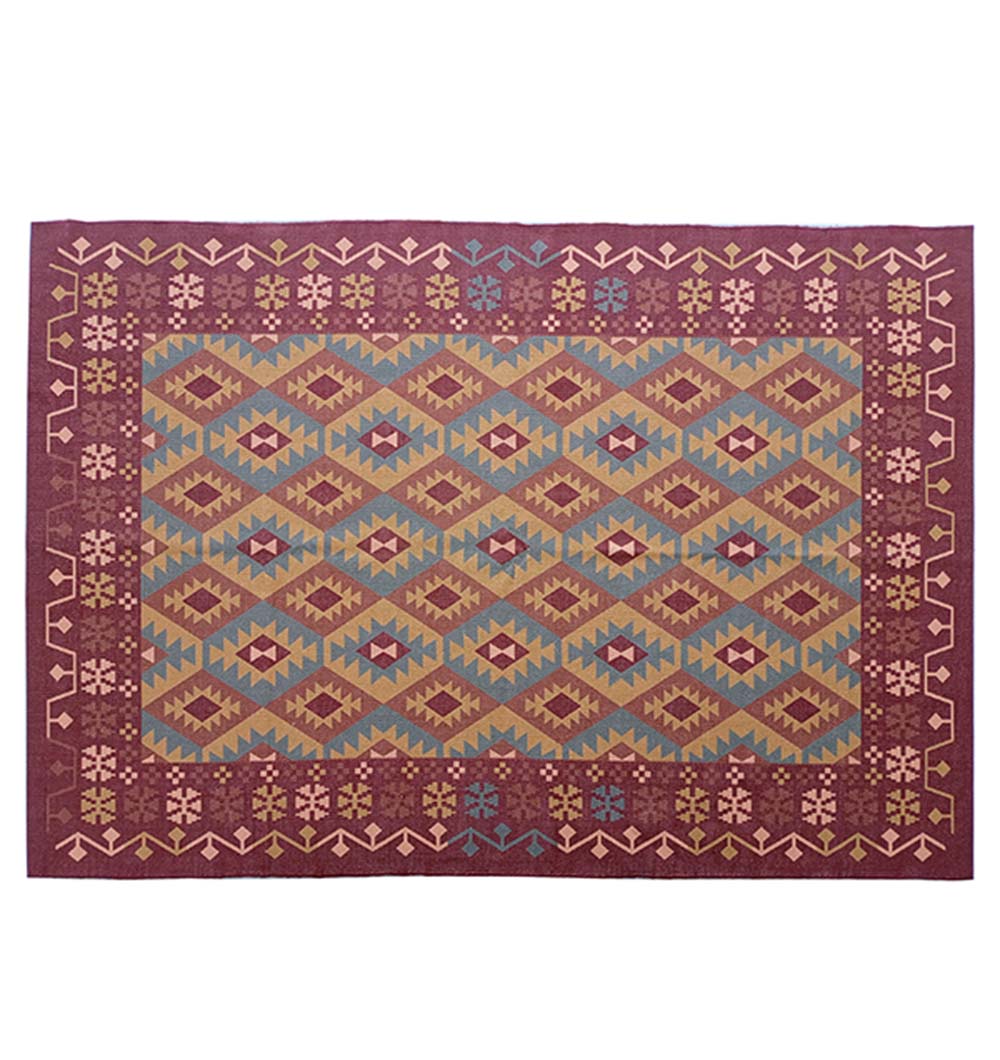The RAMSHA HOME Multi Color Digital Printed Rug Maroon Rug DD-018 features a rectangular design with geometric diamond patterns in gold, red, and blue, accented by a maroon border with abstract motifs.