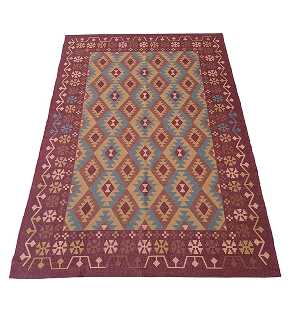 The RAMSHA HOME Multi Color Digital Printed Rug Maroon Rug DD-018 features a rectangular design with a maroon border, geometric motifs, and a central diamond pattern in brown, blue, and gold tones.
