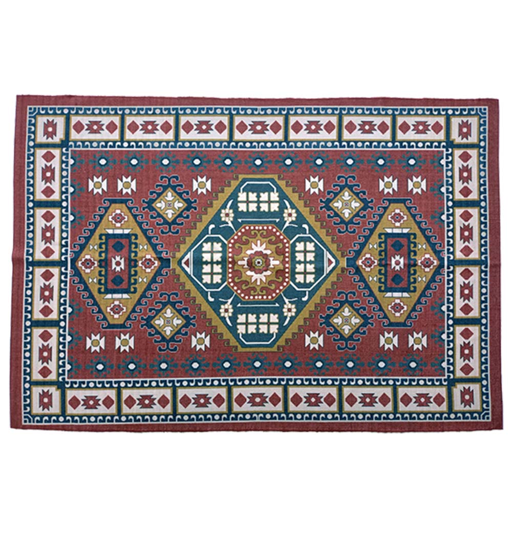 The RAMSHA HOME Multi Color Digital Printed Rug Maroon Rug DD-019 features a rectangular shape with a maroon border, central geometric patterns in green, red, yellow, blue, and white, and showcases intricate classic designs.
